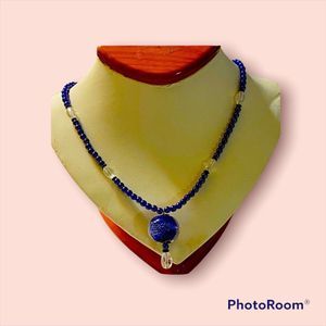 Sterling BLUE & Crystal BEAD Necklace Art Glass